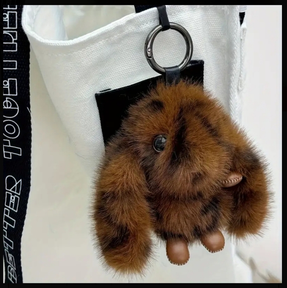 Bunny / Rabbit Plush Keychain/Bag Charm In Animal Print - Picture 2 of 2